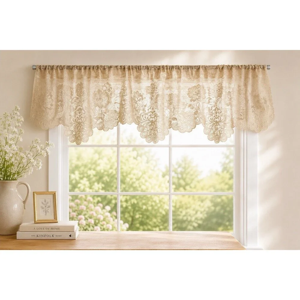 Vintage Lace Floral Pattern Cafe Curtains 3 Valence Rod Pocket Beige Cottagecore